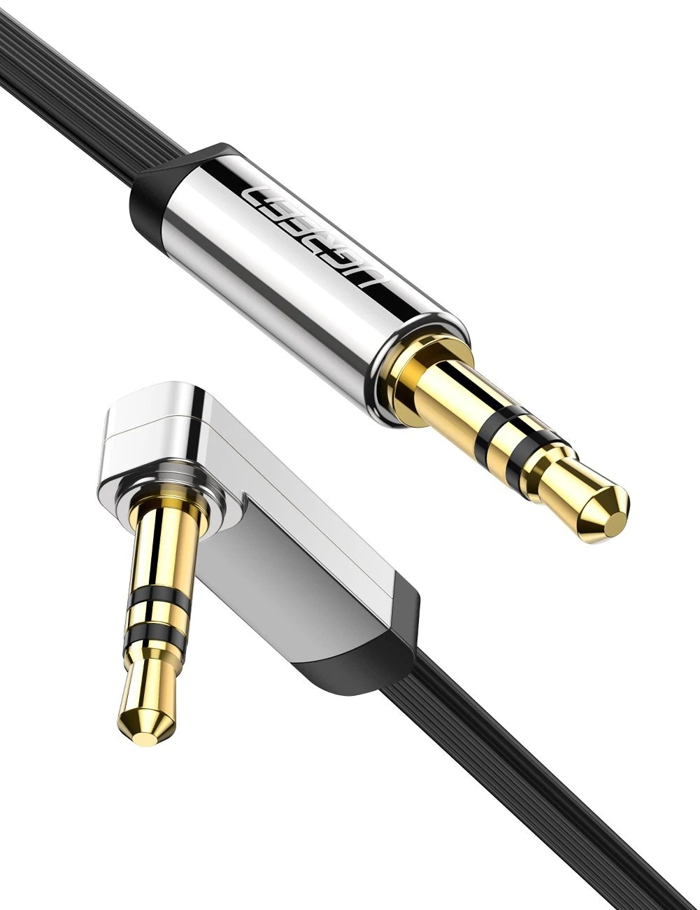 CABLU audio Ugreen, "AV119" stereo (3.5 mm jack T/T), conectori auriti, design slim, unghi 90 grade la un capat, 1m, negru "10597" (timbru verde 0.18 lei) - 6957303815975