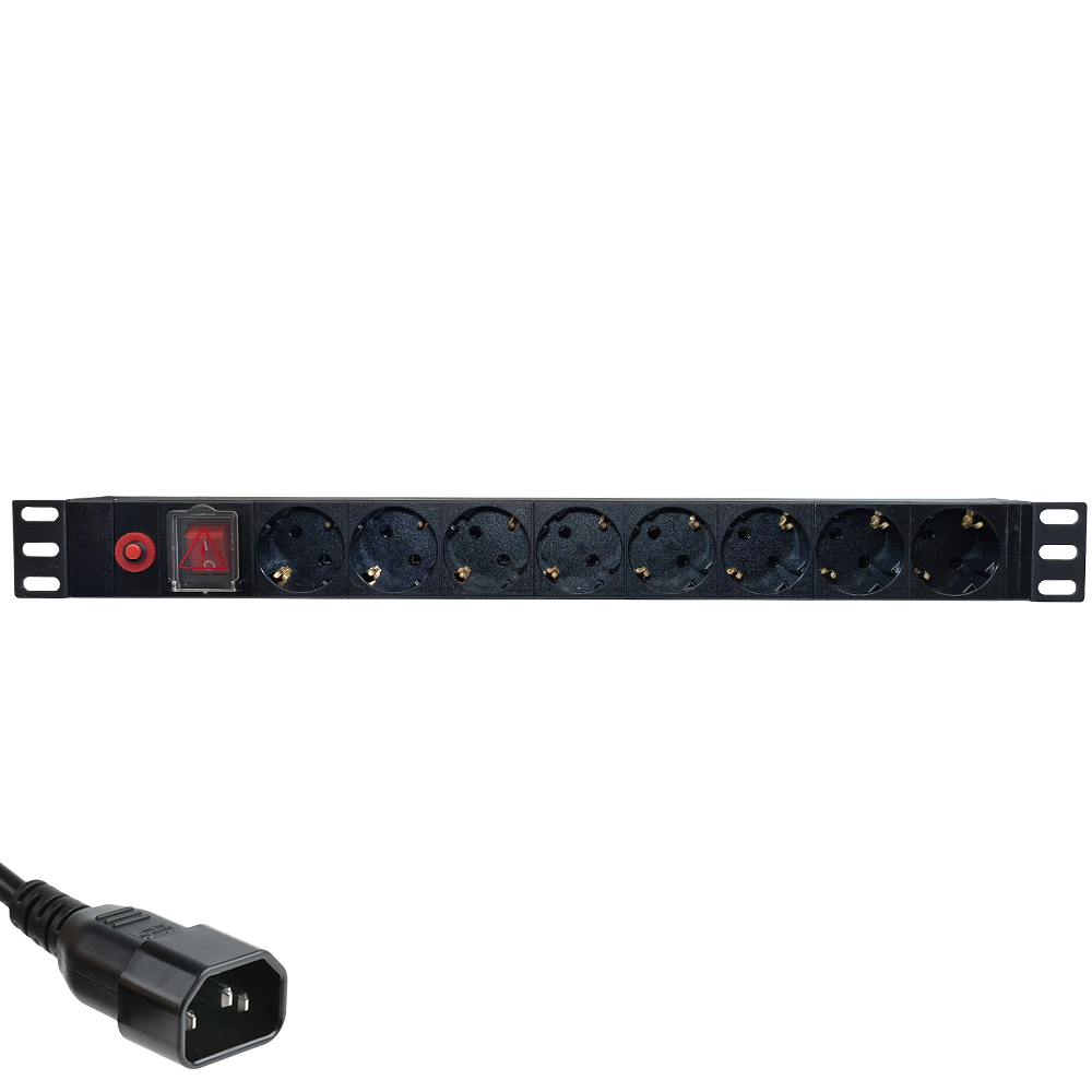 Priza de rack 19 inch, PDU 1U, 8 posturi Schuko cu alimentare C14, Eco Xcab "EcoXcab-819-C14" (timbru verde 2 lei)
