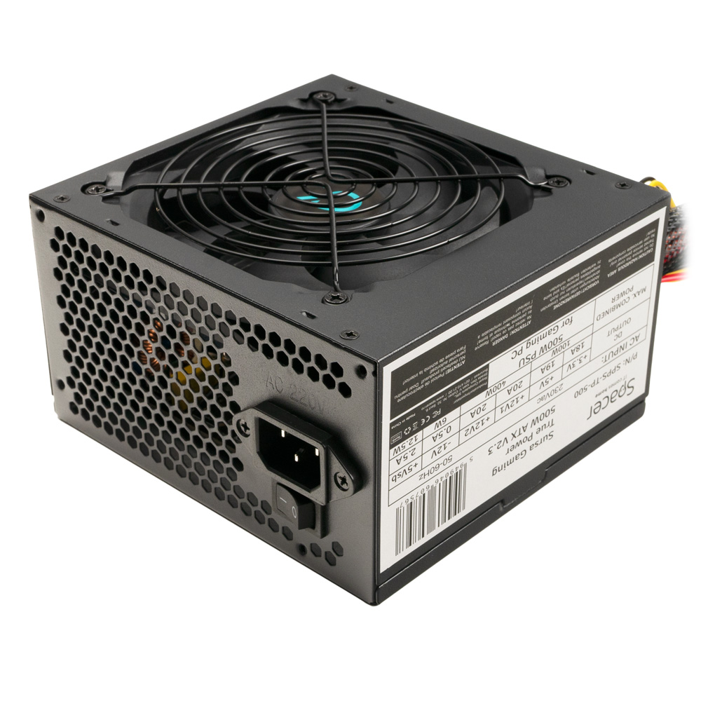 SURSA SPACER True Power TP500 (500W for 500W GAMING PC), PFC activ, fan 120mm, MB (20+4) x1, CPU (4+4) x1, PCI-E (6+2) x2, SATA x5, Molex x1, *retail* "SPPS-TP-500", (timbru verde 2 lei)