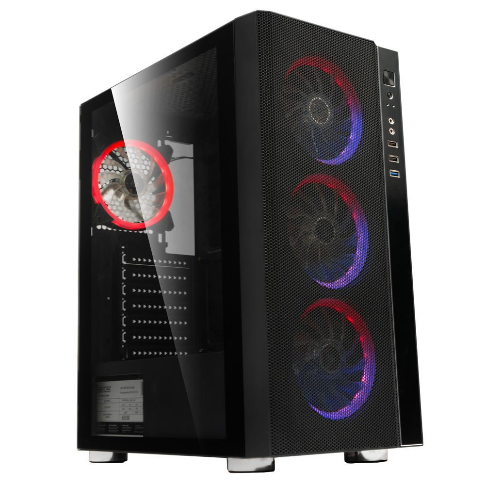 CARCASA SPACER - gaming, Middle Tower, ATX, "RAINBOW", fara sursa, sticla securizata, 4 x ARGB fan, USB 2.0 x 2, USB 3.0 x 1, HD-Audio, mesh, HUB, telecomanda, panou frontal plasa metalica+aluminiu, "SPCS-GC-RAINBOW" (timbru verde 0.35 lei)