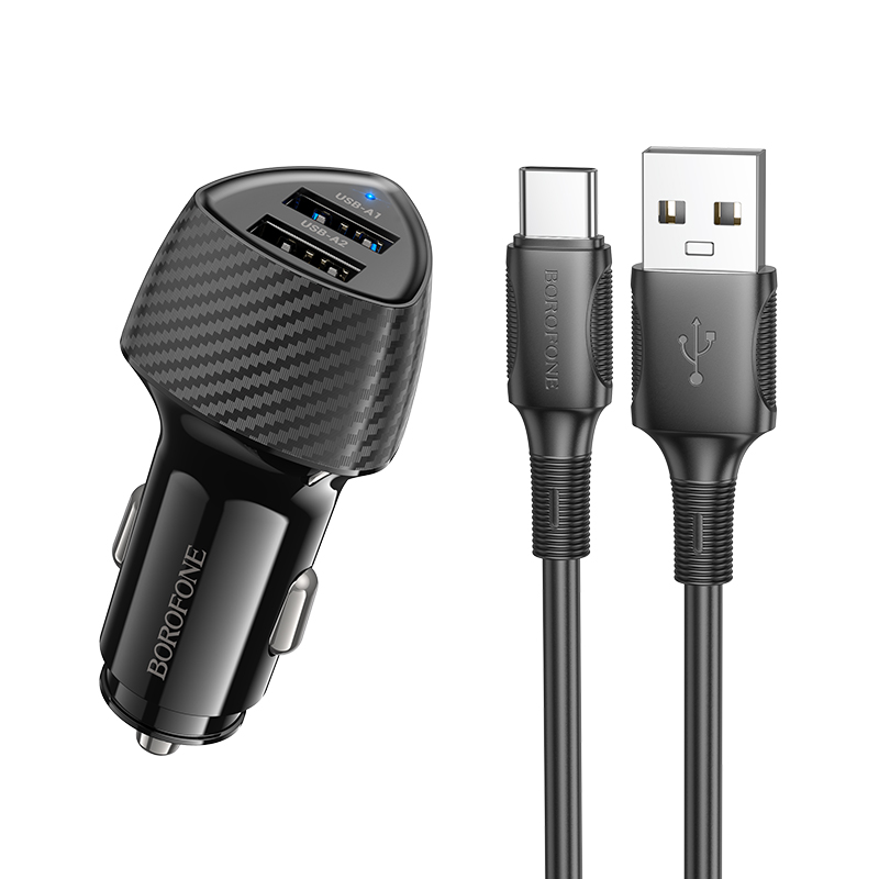 INCARCATOR auto Borofone "BZ31A ", pt. bricheta auto, 2 x USB 5V/2.4A, include cablu USB la USB Type-C de 1m, negru "6941991112591" (timbru verde 0.18 lei)