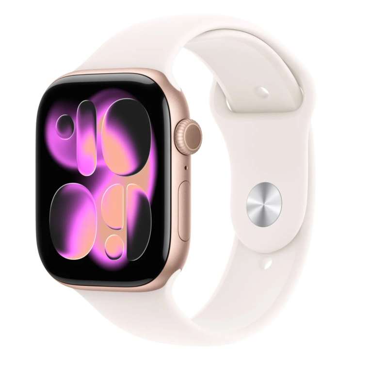 Smartwatch Apple Watch 11, GPS, 42mm, Ecran Retina LTPO OLED, Chip S10 cu Procesor Dual-Core, 64GB Flash, Wi-Fi, Bluetooth, Carcasa Aluminiu, Curea Sport Band S/M (Auriu) "MEU04WF/A" (timbru verde 0.18 lei)