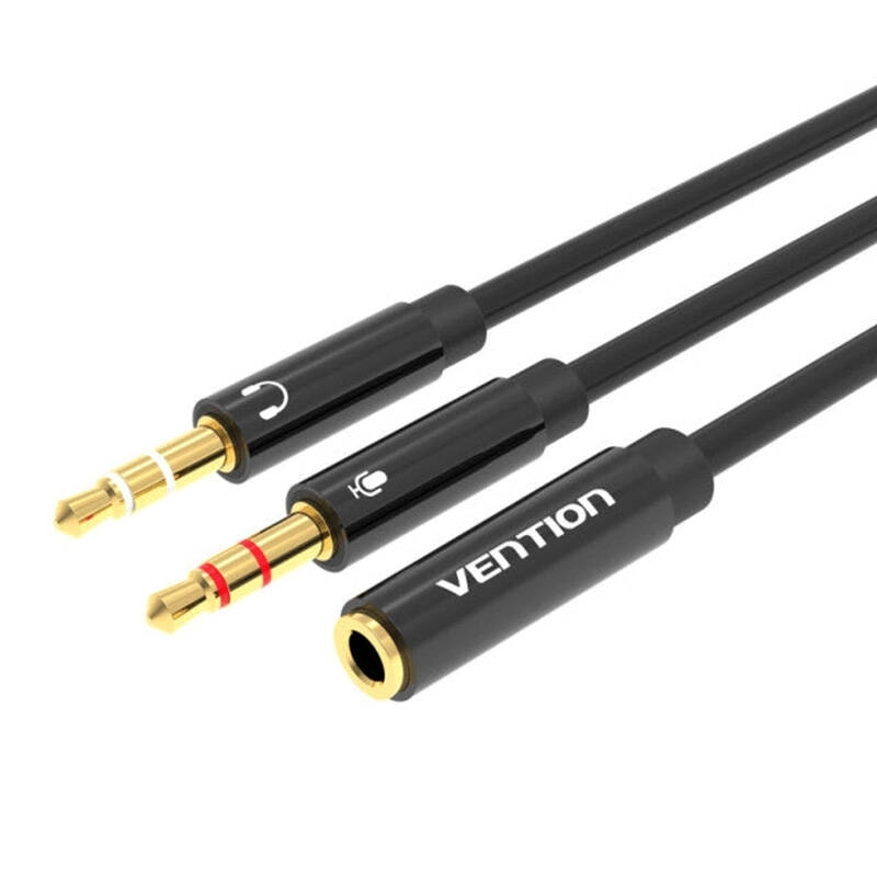 Cablu audio Vention, 2 x Jack 3.5mm (T) la Jack 3.5mm (M), 0.3m, conectori auriti, braided TPE, negru, "BBTBY" (timbru verde 0.03 lei) - 6922794738959