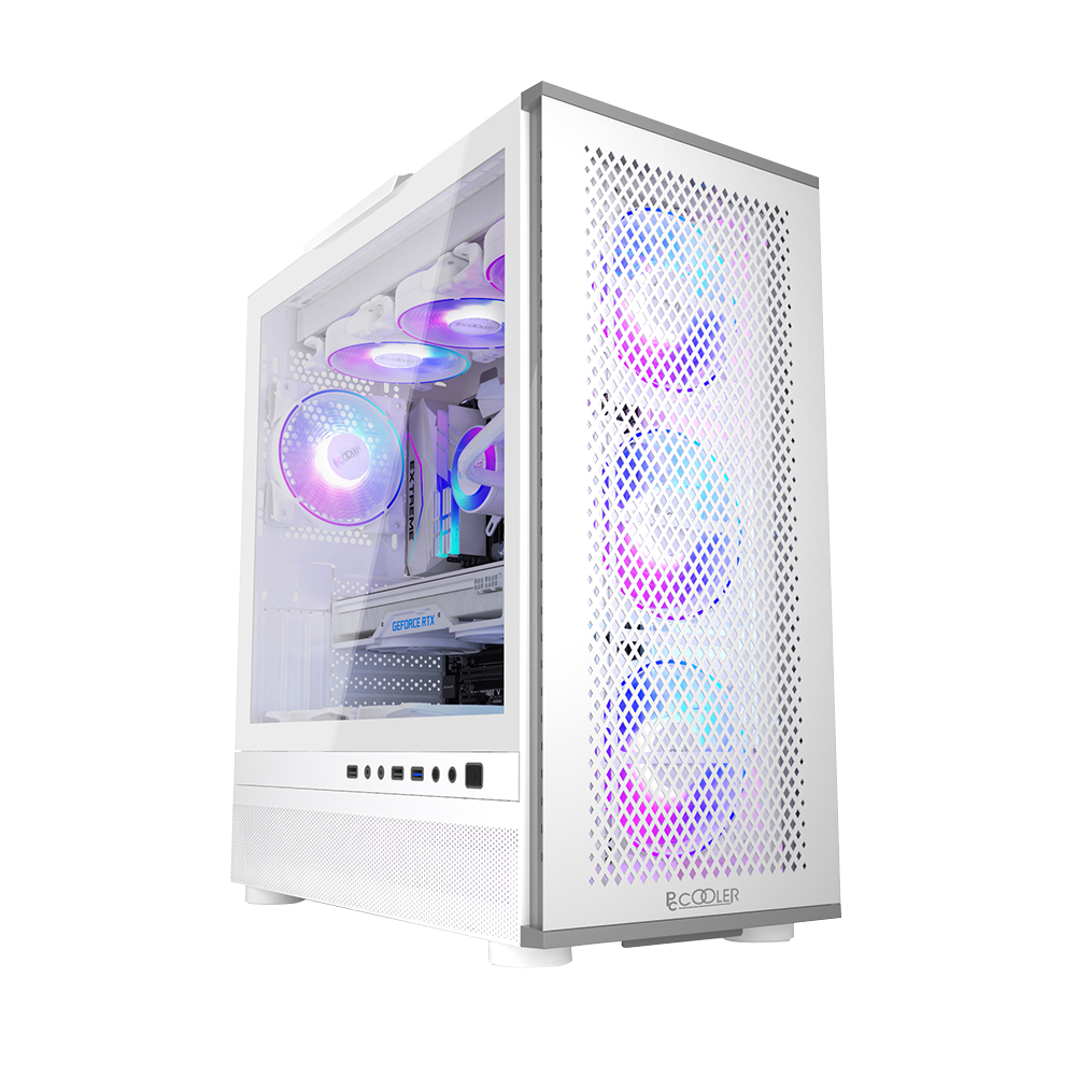 CARCASA PCCOOLER, Tower, ATX, fara sursa, sticla securizata, 3 ventilatoare incluse, iluminare ARGB, alb, USB 3.2 gen 1 x 1, USB 2.0 x 2, mic, audio, "ME200 MESH WH"