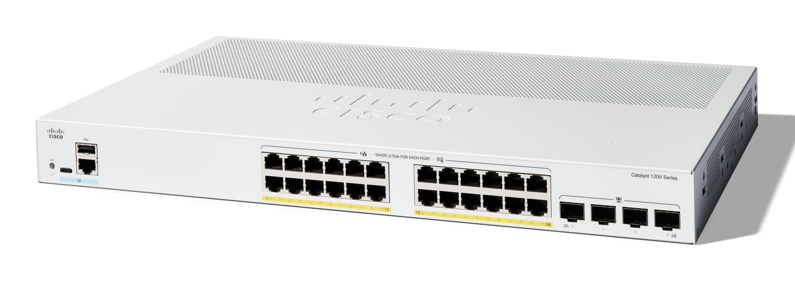 Switch Cisco Catalyst C1200-24P-4G, 24 porturi RJ-45, 4 porturi SFP, PoE+, 1U (Alb) "C1200-24P-4G" (timbru verde 2 lei)