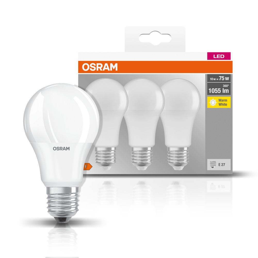 Set 3 BEC LED Osram, soclu E27, putere 10 W, forma clasic, lumina alb calda, alimentare 220 - 240 V, "000004058075819436" (timbru verde 1.35 lei)
