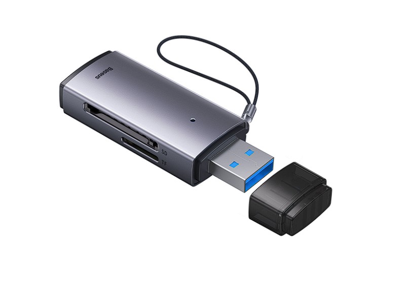 CARD READER extern Baseus Lite, interfata USB 3.0, citeste/scrie: SD, microSD viteza pana la 480Mbps, suporta carduri maxim 512 GB, metalic, gri "WKQX060013" (timbru verde 0.03 lei) - 6932172608194