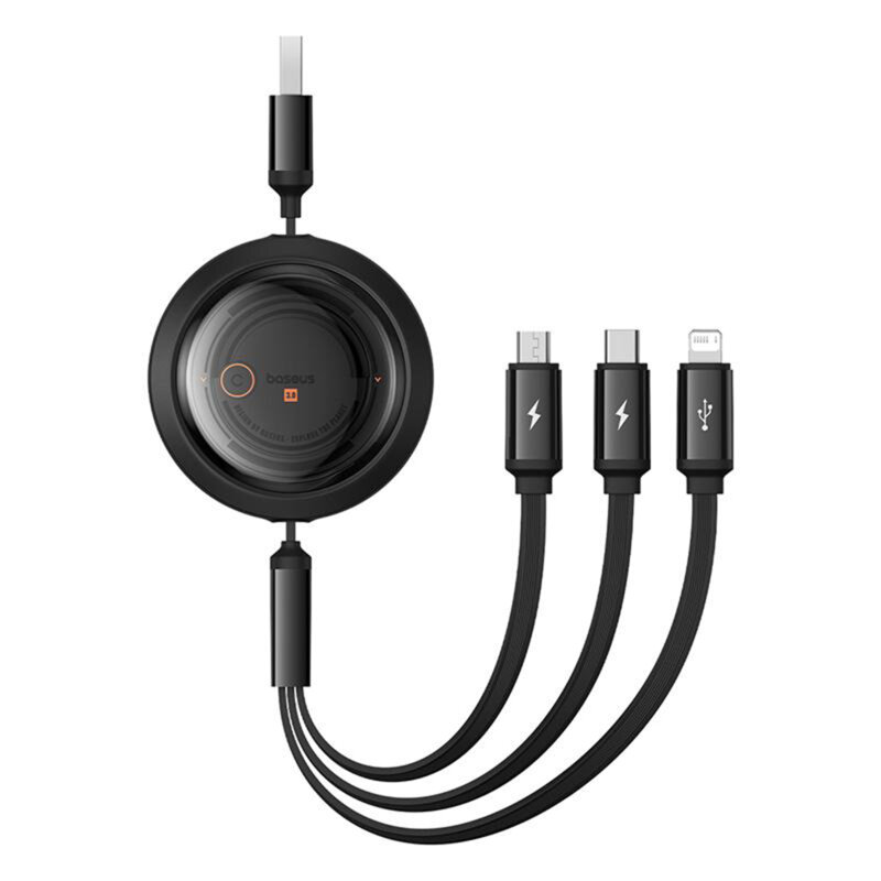 CABLU alimentare si date Baseus Free2Draw, Fast Charging Data Cable pt. smartphone, retractabil, USB la Micro-USB+Lightning + USB Type-C 100W, 1.1m, negru "P10368700111-03" (timbru verde 0.08 lei) - 6932172656430