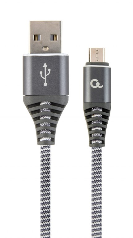 CABLU alimentare si date GEMBIRD, pt. smartphone, USB 2.0(T) la Micro-USB 2.0(T),2m, premium,impletire din bumbac,gri-metalizat cu insertii albe, "CC-USB2B-AMmBM-2M-WB2" (timbru verde 0.08 lei)