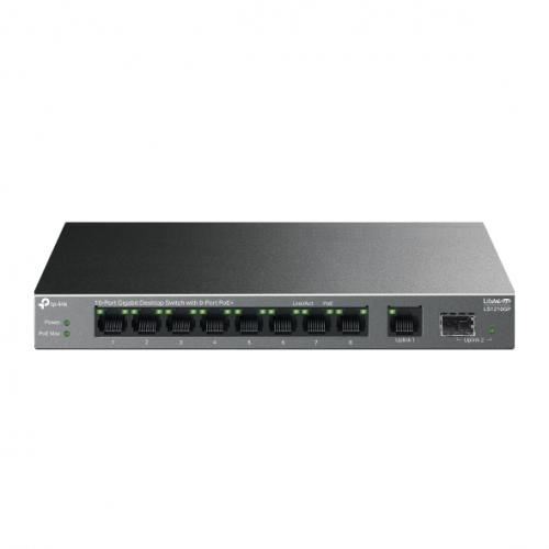 SWITCH TP-LINK, 9 x Gigabit RJ-45 (8 porturi POE+ buget total 61W) + 1× Gigabit SFP, carcasa metalica "LS1210GP" (timbru verde 2 lei)