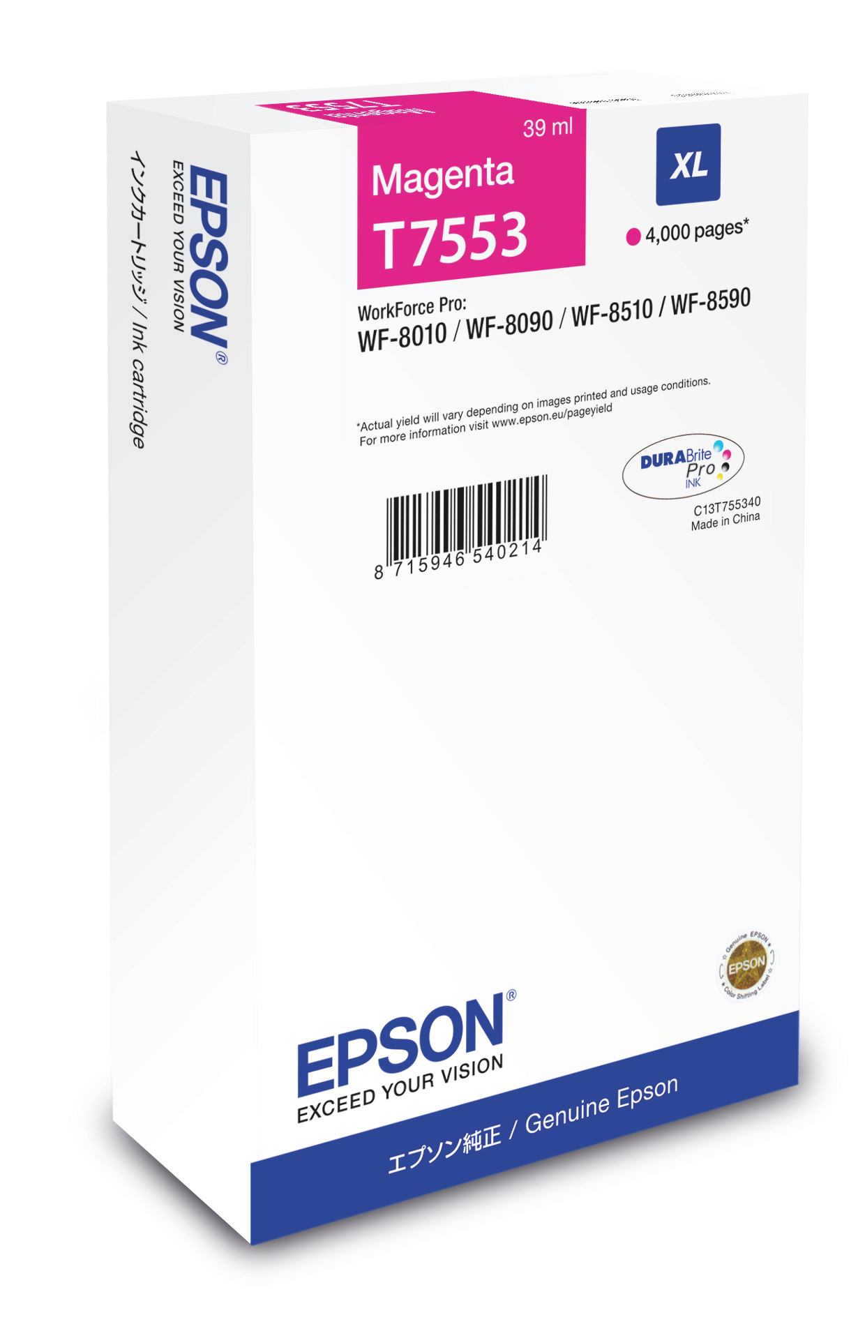 Cartus Cerneala Original Epson Magenta, T7553, pentru Workforce Pro WF-8010|8090|8510|8590, , (timbru verde 0.15 lei), "C13T755340"