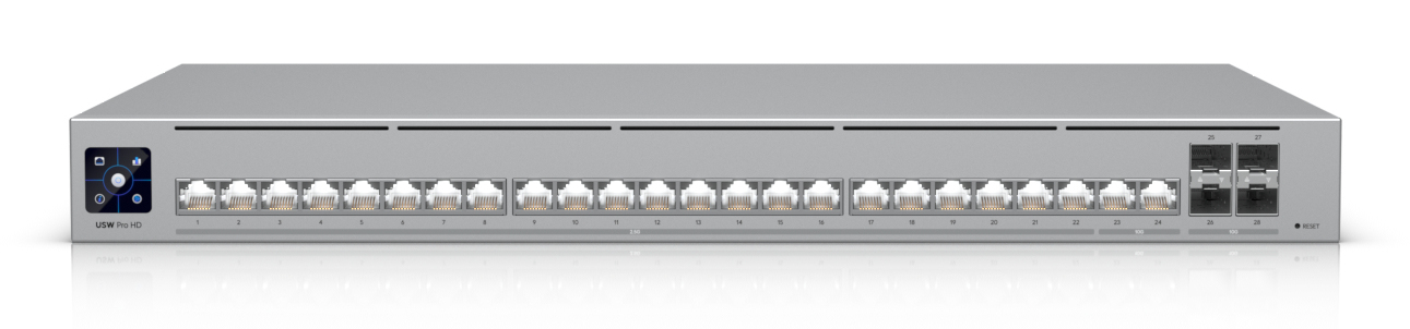 Ubiquiti Layer 3 Etherlighting switch USW-PRO-HD-24-EU, (22) 2.5 GbE, (2) 10 GbE ports, (4) 10G SFP+ ports. DC power backup ready "USW-PRO-HD-24-EU" (timbru verde 2 lei)