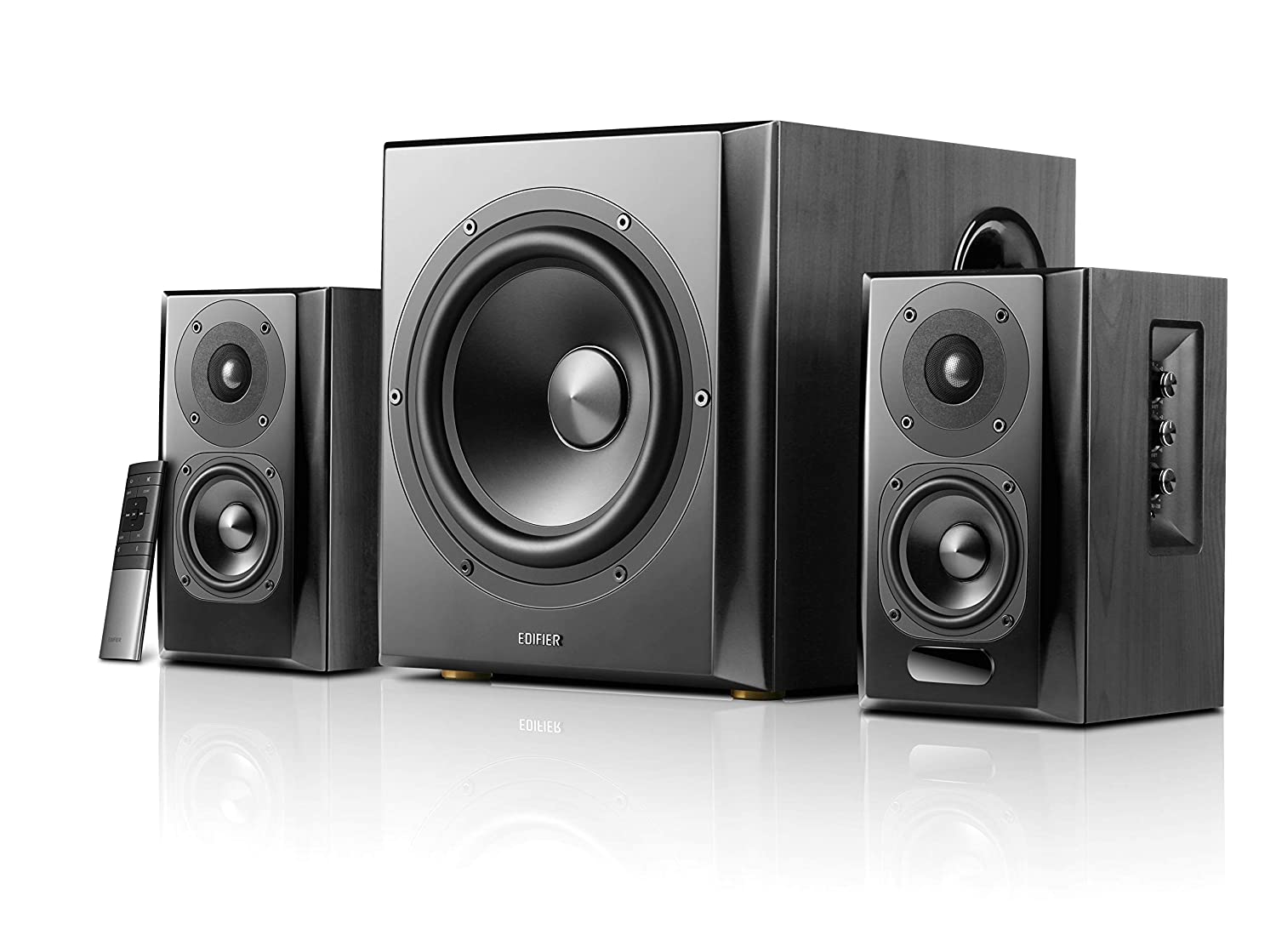 BOXE EDIFIER 2.1, RMS: 150W (2 x 25W, 2 x 15W, 1 x 70W), bluetooth, telecomanda wireless, volum, bass, treble, optical, black, "S351DB-BK" (timbru verde 11.00 lei)