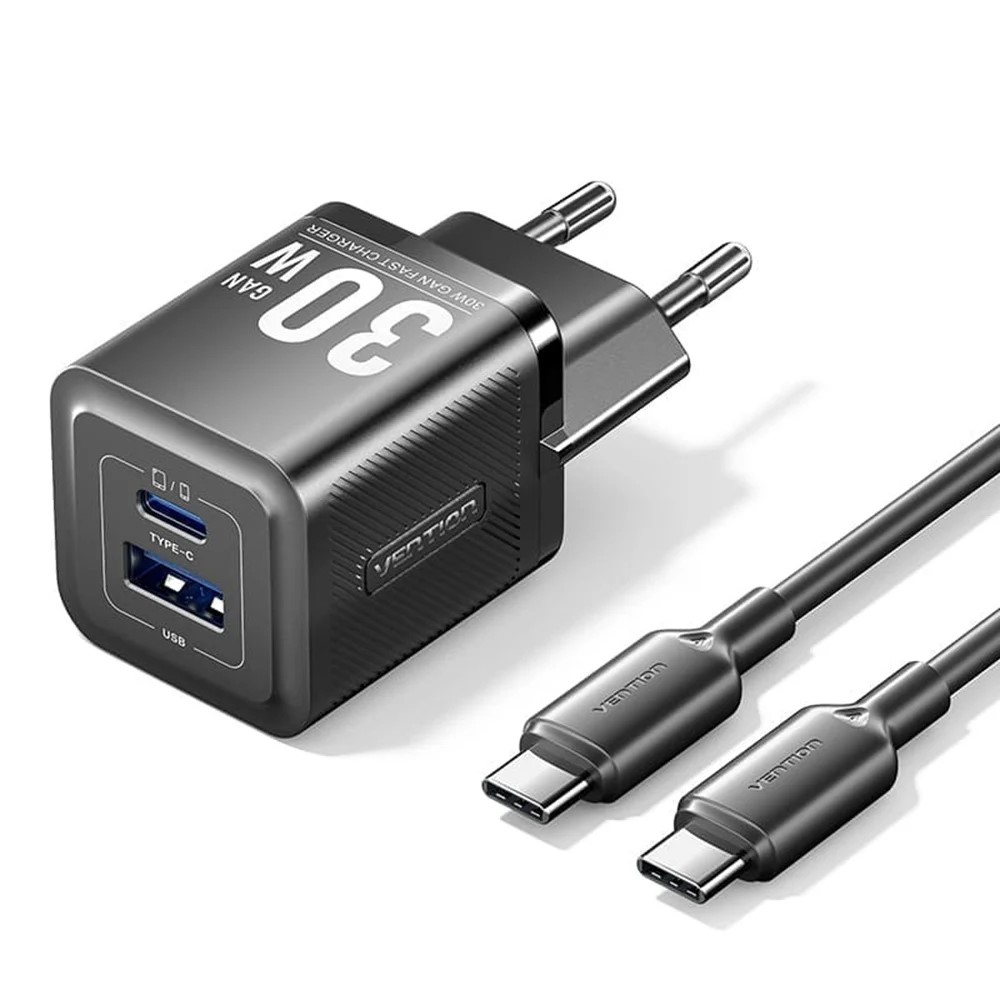 Alimentator retea Vention, 30W, PD 30W, 1 x USB-C, 1 x USB-A, Cablu USB-C 1m inclus, negru, "TZ-FEQB0-EU-01" (timbru verde 0.18 lei) - 6922794786356