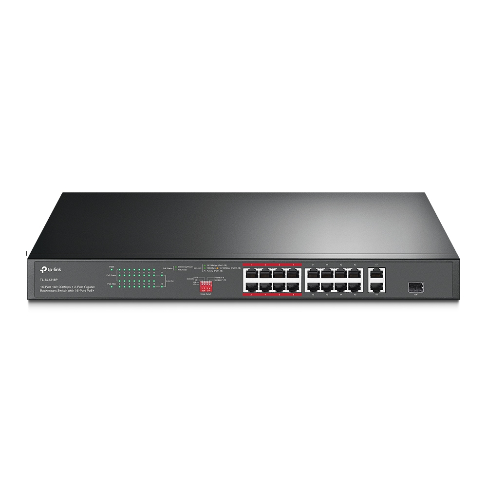 SWITCH TP-LINK 16 porturi, 16× PoE+ 10/100 Mbps RJ45, 2× Gigabit RJ45,1 x combo Gigabit SFP slot, carcasa metal "TL-SL1218P" (timbru verde 2 lei)