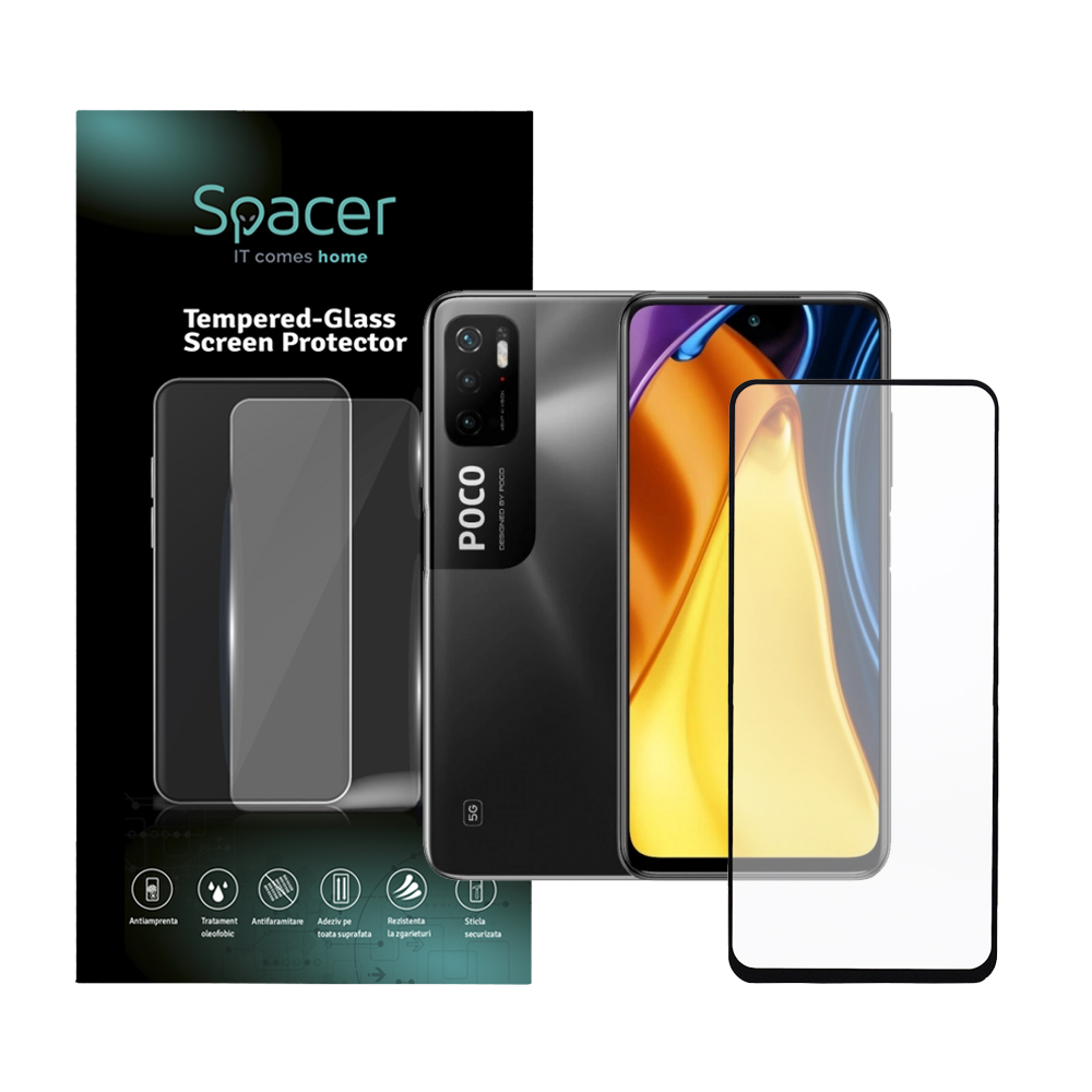 FOLIE STICLA Spacer pentru Xiaomi Pocophone M3 Pro 5G, grosime 0.3mm, acoperire totala ecran, strat special anti-ulei si anti-amprenta, Tempered Glass, sticla 9D, duritate 9H "SPPG-XI-PC-M3P5G-TG"