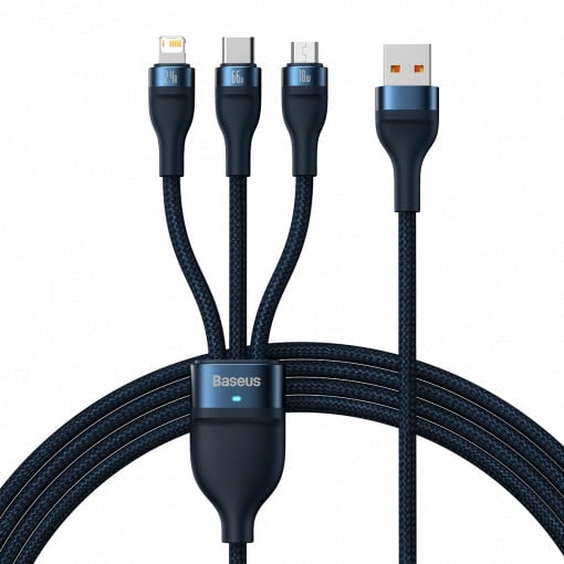 CABLU alimentare si date Baseus Flash Series II One-for-three, pt. smartphone, USB si USB Type-C la Micro-USB+Lightning+USB Type-C 66W, 1.2m, albastru "CASS040003" (timbru verde 0.18 lei) - 6932172618117