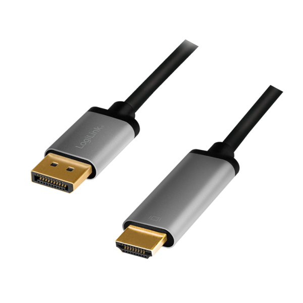 CABLU video LOGILINK, DisplayPort (T) 1.2 la HDMI (T), 2m, conectori auriti, rezolutie maxima 4K (3840 x 2160) la 60 Hz, aluminiu, dublu ecranaj, negru-gri, "CDA0107" (timbru verde 0.18 lei)