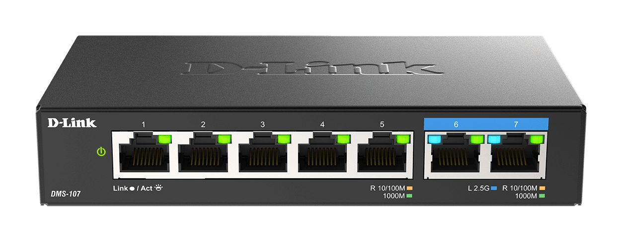 SWITCH D-Link unmanaged 7 porturi, 5 porturi Gigabit, 2 porturi 2.5 Gigabit, carcasa metalica "DMS-107" (timbru verde 1.5 lei)