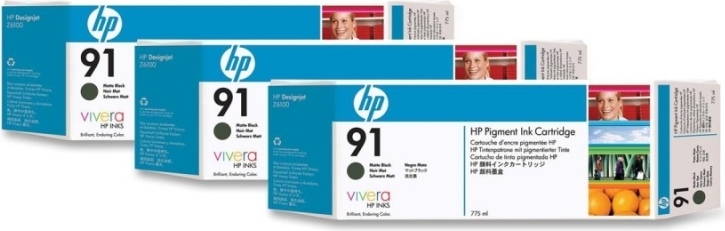Tri-Pack Original HP Matte Black, nr.91, pentru DesignJet Z6100, 3x775ml, (timbru verde 0.45 lei), "C9480A"