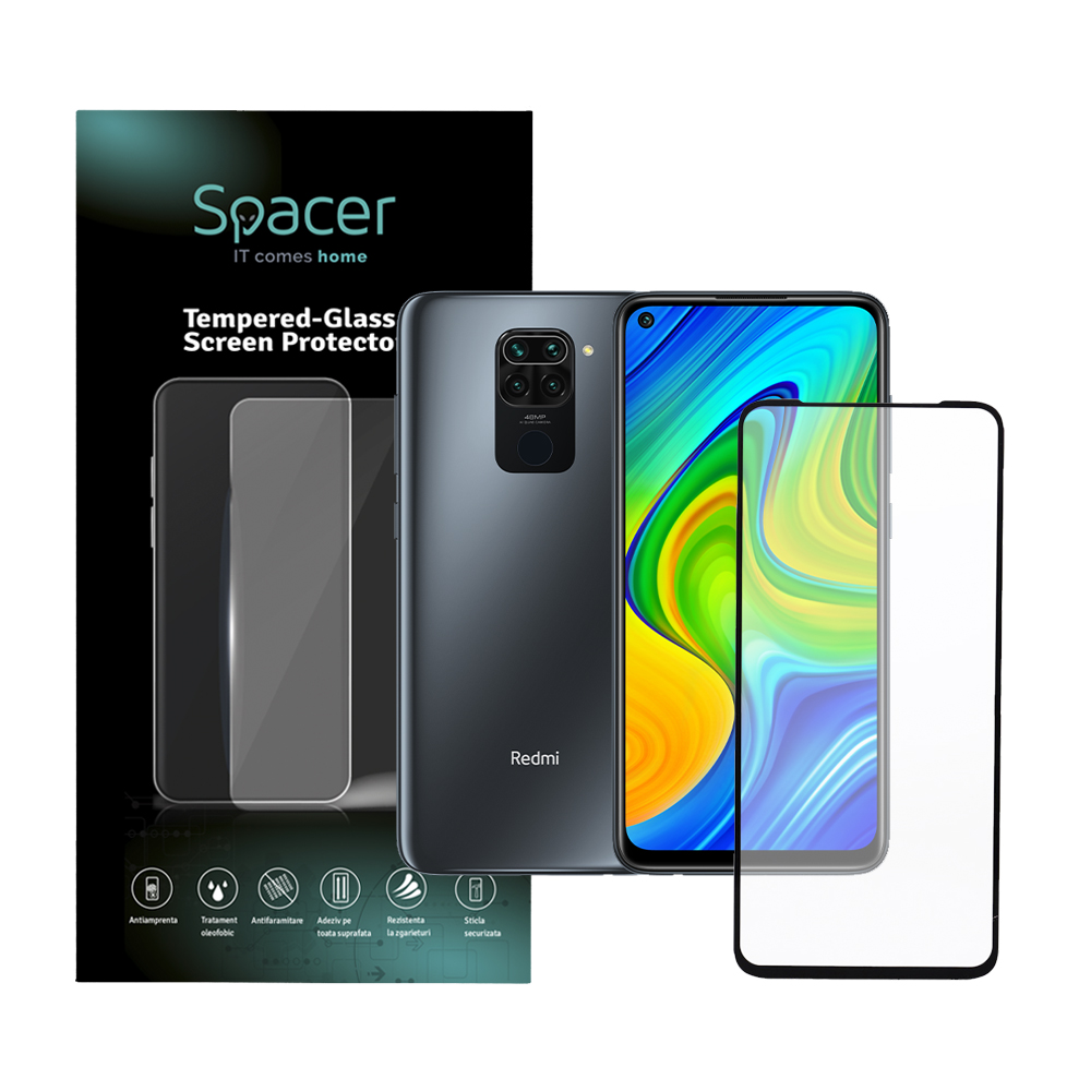 FOLIE STICLA Spacer pentru Xiaomi Redmi Note 9, grosime 0.3mm, acoperire totala ecran, strat special anti-ulei si anti-amprenta, Tempered Glass, sticla 9D, duritate 9H "SPPG-XI-RM-N9-TG"