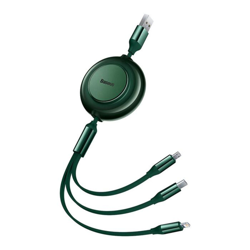 CABLU alimentare si date Baseus Bright Mirror 2 One-for-three Retractable, pt. smartphone,USB la Micro-USB+Lightning+USB Type-C 3.5A, 1.1m,verde "CAMJ010006" (timbru verde 0.18 lei) - 6932172609085