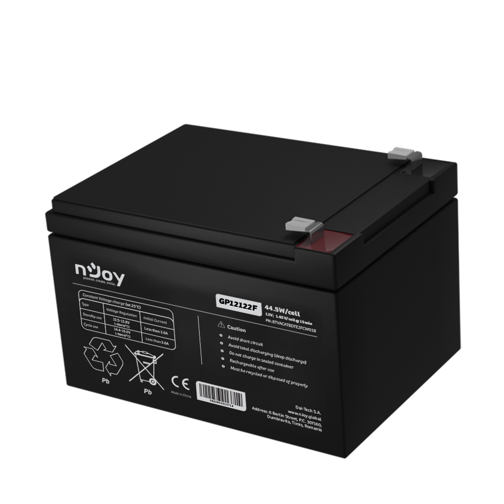 UPS- acumulatori Njoy GP12122F | Baterie UPS | 12 V | 12 A | Borne F2 | 44,5 W | 151 x 98 x 101 mm "BTVACATBDTE2FCW01B" (timbru verde 0.5 lei)