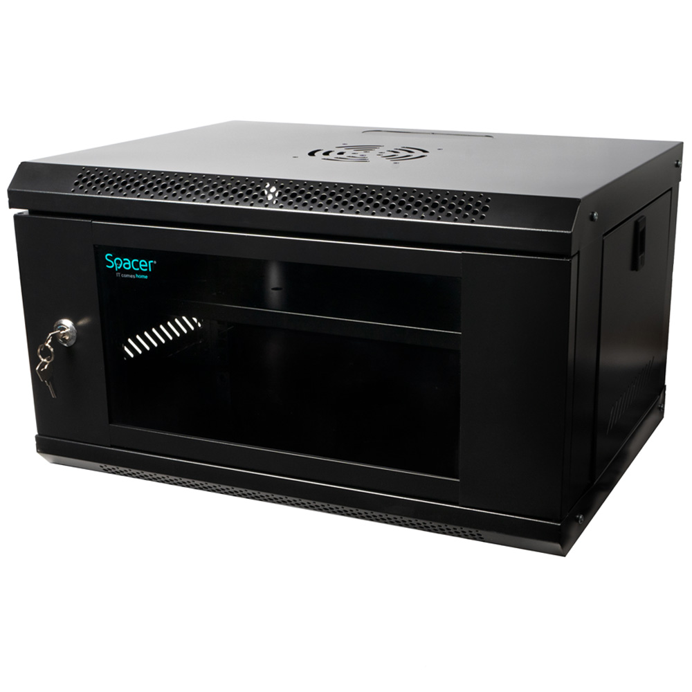 CABINET 19" SPACER 6U 500x450mm, fixare pe perete, Flatpack (dezasamblat), Black, usa sticla cu blocare, panouri detasabile, otel 1mm, sarcina maxima 25Kg, contine un raft, "SPCW-6U-450-BK-02"