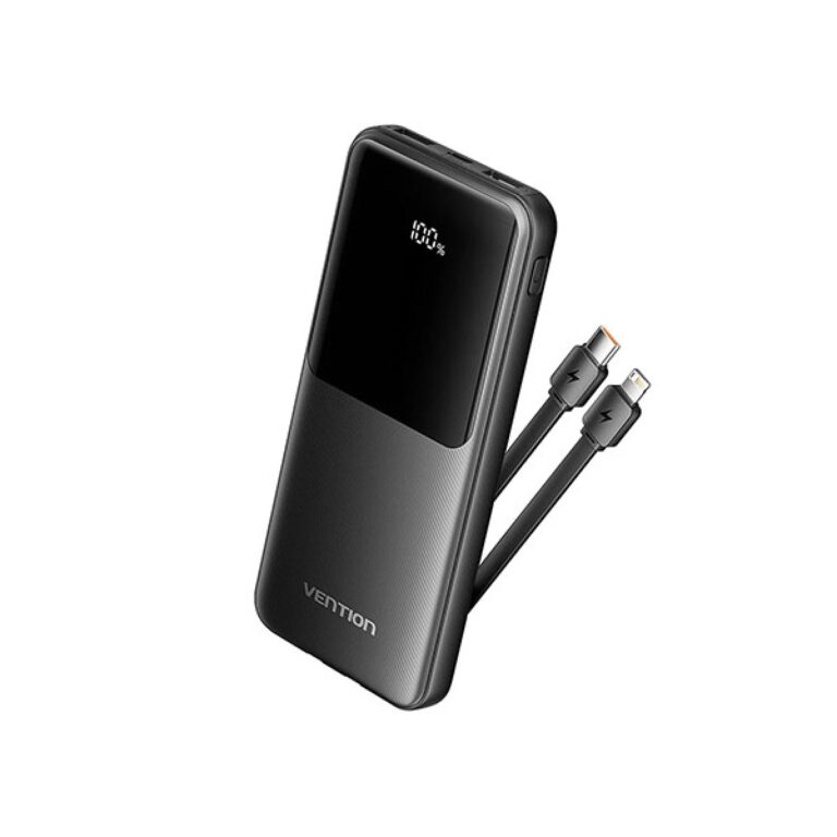 Power Bank Vention 10.000 mAh, 22.5W PD 20W, QC, 1x USB-C, 2x USB-A, 1x micro USB (doar pt incarcare), cablu Ligtning si USB-C integrate, afisaj LED, cablu Lightning si USB-C integrate, 314g, negru, "FHOB0" (timbru verde 0.98 lei) - 69227947
