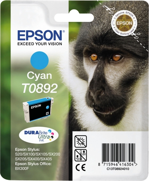 Cartus Cerneala Original Epson Cyan, T0892, pentru Stylus S20|SX100|SX105|SX200|SX205|SX400|SX405 Stylus Office BX300F, , (timbru verde 0.15 lei), "C13T08924011"(RAPO)