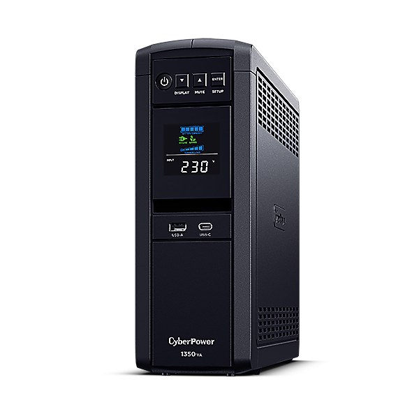 UPS CYBER POWER Line Int. cu sin. pura, cu management, Tower, LCD, 1350VA/810W, AVR, 6x Schuko, baterie 2x 12V/7Ah, incarcare pana la 8h, USB, incarcare USB-A/USB-C, 2x RJ45, RS232, slot SNMP, APFC, GreenPower, "CP1350EPFCLCD" (timbru verde 11 lei)