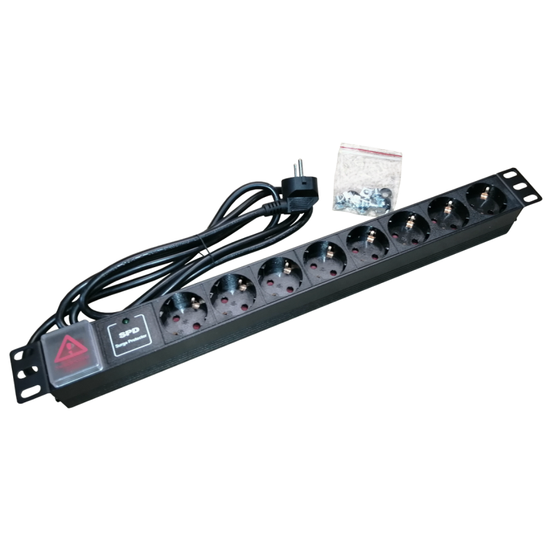 Bara alimentare aluminiu / PDU, 19 inch, 8 prize schuko + switch, protectie la supratensiune, 16A, 3500W, 3x1.5, 2m - EMTEX "PDU8PK" (timbru verde 2 lei)