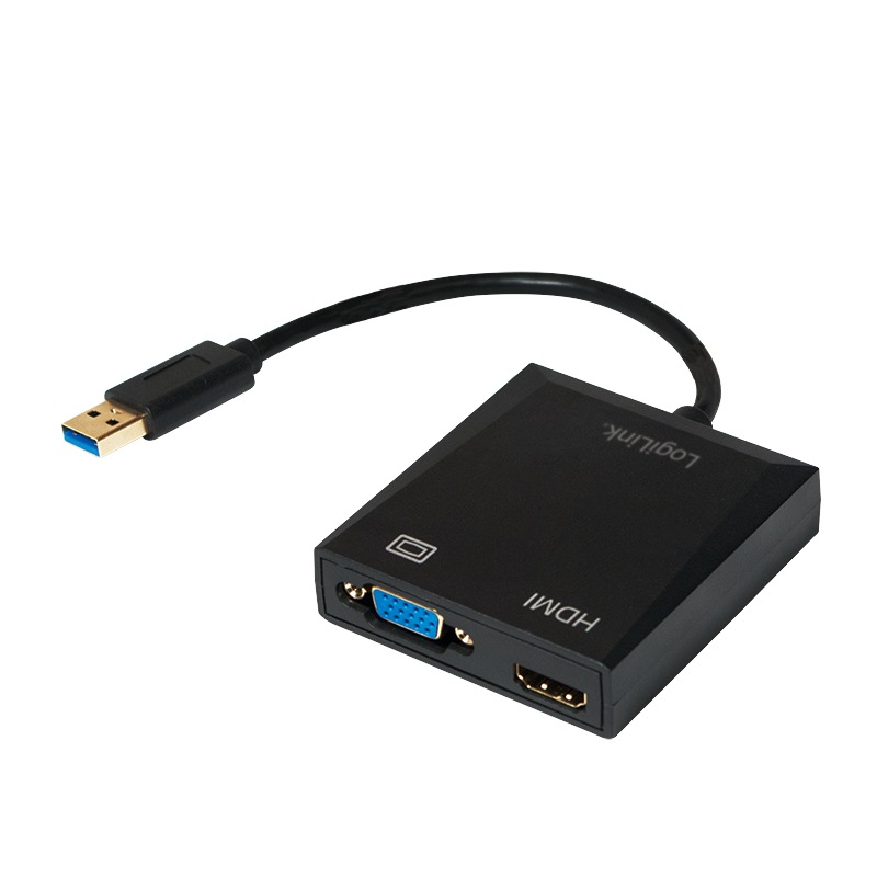 CABLU video LOGILINK, splitter USB 3.0 (T) la HDMI (M) + VGA (M), 10cm, rezolutie maxima Full HD (1920 x 1080) la 60 Hz, negru, "UA0234" (timbru verde 0.18 lei)