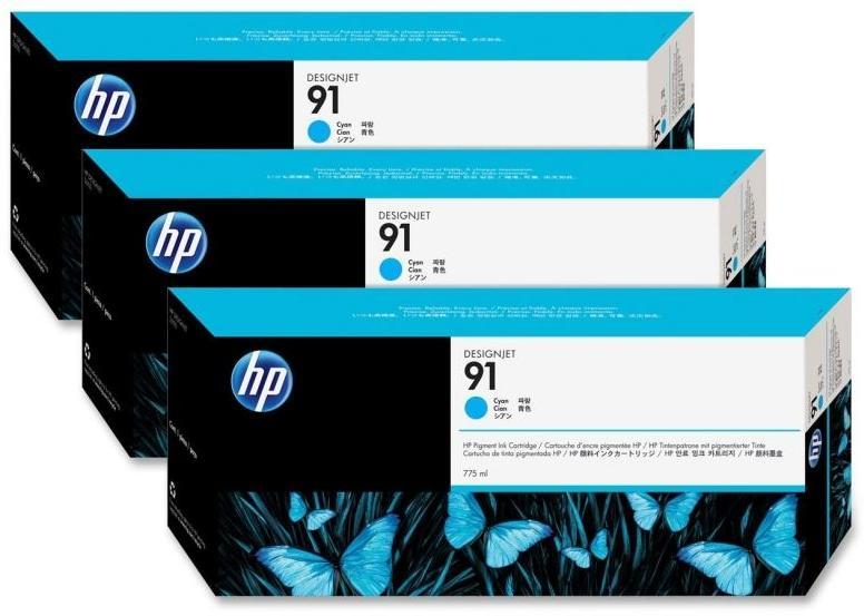 Tri-Pack Original HP Cyan, nr.91, pentru DesignJet Z6100, 3x775ml, (timbru verde 0.45 lei)"C9483A"