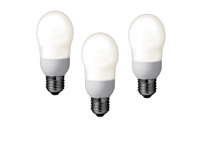 SET 3 becuri fluorescent Panasonic, soclu E27, putere 8W, forma oval, lumina alb calda, alimentare 220 - 240 V, "EFA8E27HD-3" (timbru verde 1.35 lei)