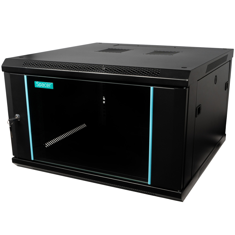 CABINET 19" SPACER 6U 600x600mm, fixare pe perete, Flatpack (dezasamblat), Black, usa sticla cu blocare, panouri detasabile, otel 1.5mm, sarcina maxima 60Kg, "SPCW-6U-600-BK-03"