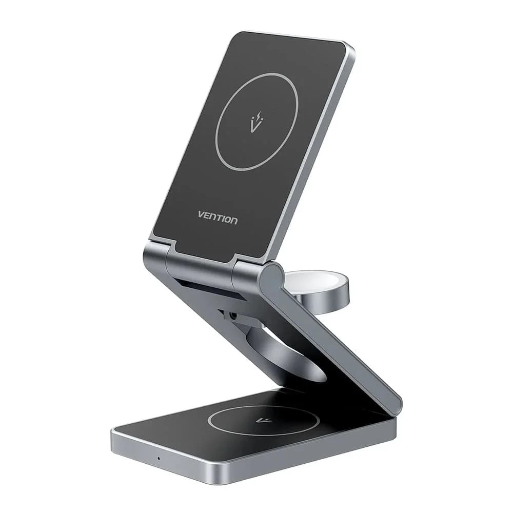 Statie incarcare wireless 3in1 Vention, MagSafe, telefon 15W, ceas 3W, casti 5W, fast charge, pliabil, magnetic, 1 x USB-C incarcare, argintiu, "FGFH0" (timbru verde 0.18 lei) - 6922794783829