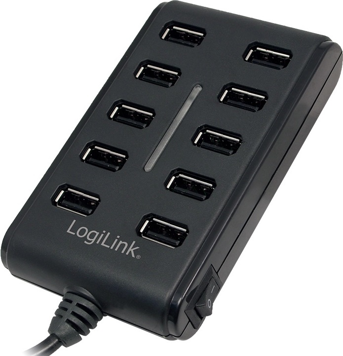 HUB extern LOGILINK, porturi USB: USB 2.0 x 10, conectare prin USB 2.0, alimentare retea 220 V, cablu 0.6 m, negru, "UA0125" (timbru verde 0.8 lei)