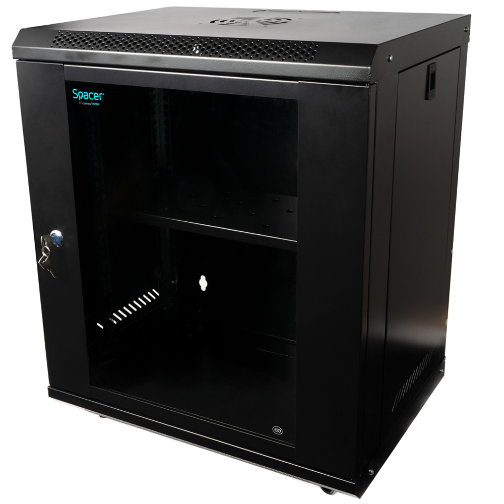 CABINET 19" SPACER 12U 500x400mm, fixare pe perete, Flatpack (dezasamblat), Black, usa sticla cu blocare, panouri detasabile, otel 1mm, sarcina maxima 25Kg, contine un raft si roti, "SPCW-12U-400-BK-02"
