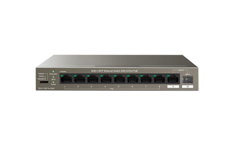 SWITCH TENDA unmanaged, 10 porturi RJ-45 gigabit PoE, max 102W, IEEE 802.3af/at, metalic "TEG1110PF-8-102W" (timbru verde 2 lei)