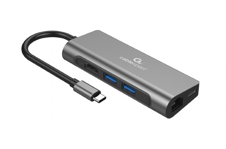 DOCKING Station Gembird universal, 5-in-1, conectare PC USB Type C, USB-C x 1, USB-A 3.1 x 3, porturi video HDMI x 1, PD 100 W, Audio, argintiu, "A-CM-COMBO5-05" (timbru verde 0.18 lei)