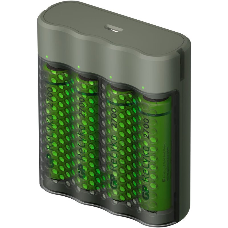Incarcator GP Batteries, Recyko compatibil NiMH (AA/AAA), include 4 x 2700 mAh AA (R6), incarcare USB, 4 LED-uri indicare incarcare, "GPM451/270AAHCE-2EB4" "GPACSM451002" (timbru verde 0.8 lei)
