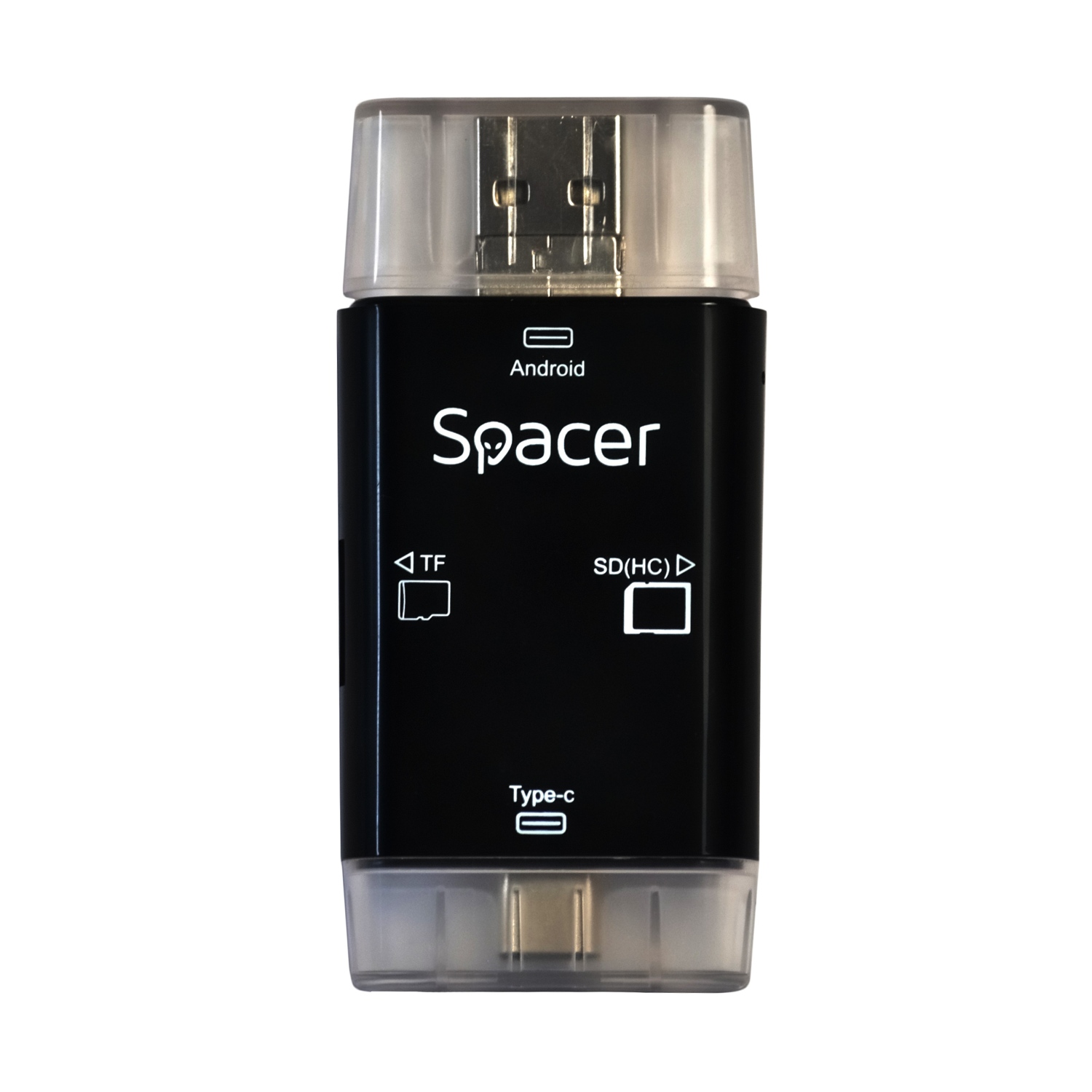 CARD READER extern SPACER, 3 in 1, interfata USB 2.0, USB Type C, Micro-USB, citeste/scrie: SD, micro SD; adaptor USB Type C la USB sau Micro-USB; plastic, negru, "SPCR-309" (timbru verde 0.18 lei)