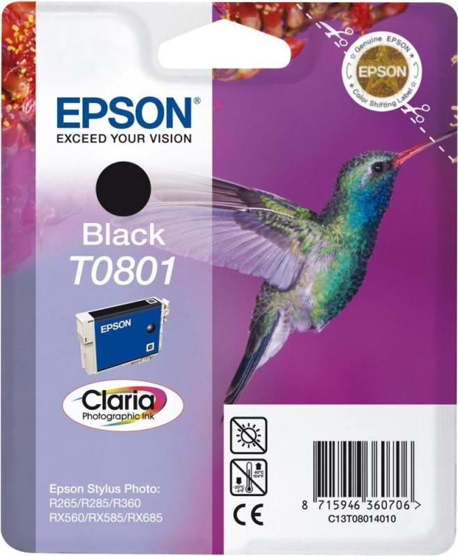 Cartus Cerneala Original Epson Photo Black, T0801, pentru Stylus Photo R265|360|RX562, , (timbru verde 0.15 lei), "C13T08014011"(RAPO)