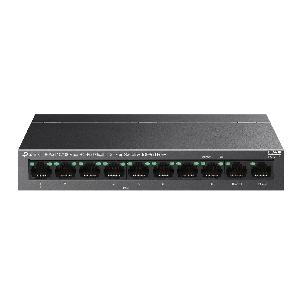 SWITCH TP-LINK, 8-Port 10/100Mbps+2-Port Gigabit Desktop Switch cu 8-Port PoE+, carcasa metalica "LS1210P" (timbru verde 2 lei)