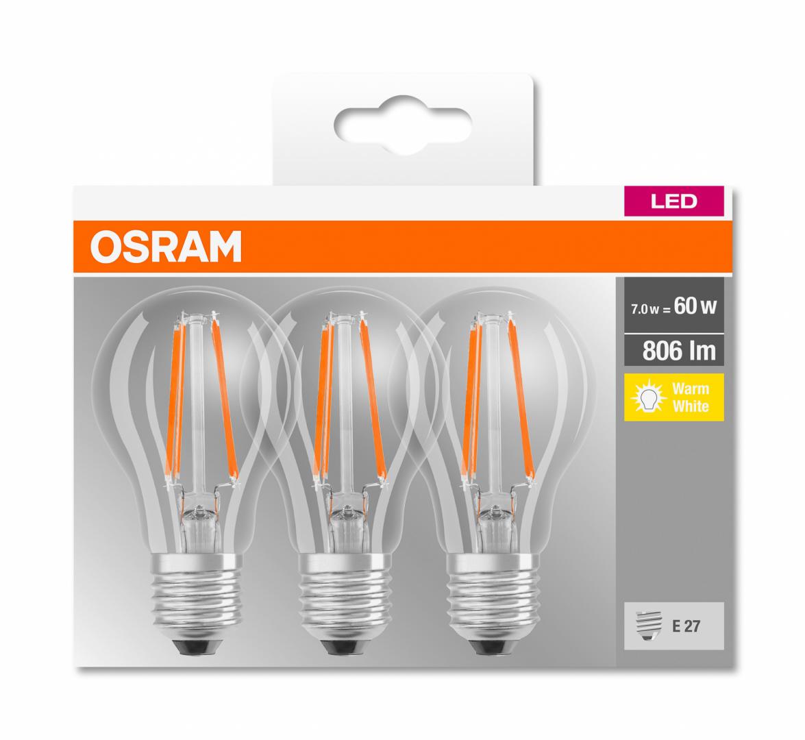 SET 3 becuri LED Osram, soclu E27, putere 7W, forma clasic, lumina alb calda, alimentare 220 - 240 V, "000004058075819290" (timbru verde 1.35 lei)