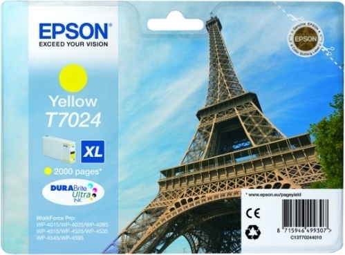 Cartus Cerneala Original Epson Yellow, T7024, pentru WP4000|4500, , (timbru verde 0.15 lei), "C13T70244010"