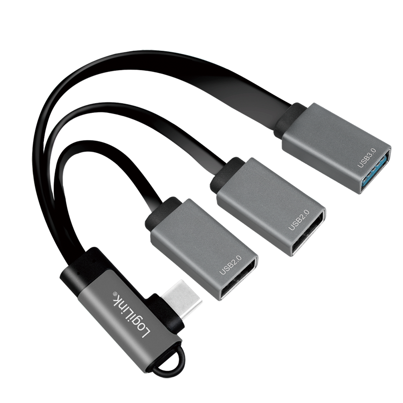 HUB extern LOGILINK, porturi USB: USB 2.0 x 2 + USB 3.0 x 1, conectare prin USB-C 3.2 Gen1 90 grade, 0.15m flat, aluminiu, ecranaj, negru-gri, "UA0361" (timbru verde 0.18 lei)