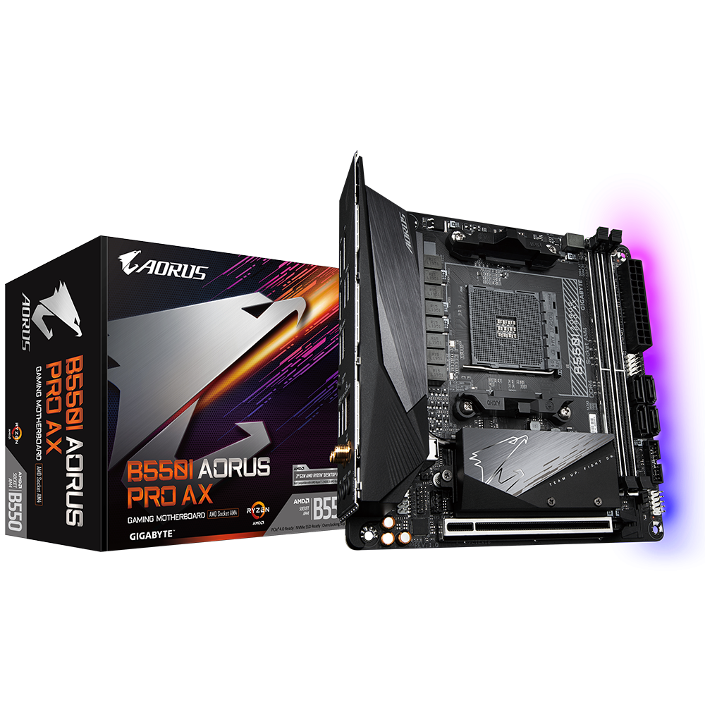 PLACA de BAZA Gigabyte "B550I AORUS PRO AX", skt AM4, mini ITX, AMD B550, 2 x DDR4, max. 64 GB, 4 x SATA, 1 x M.2, 7.1, "B550I AORUS PRO AX"