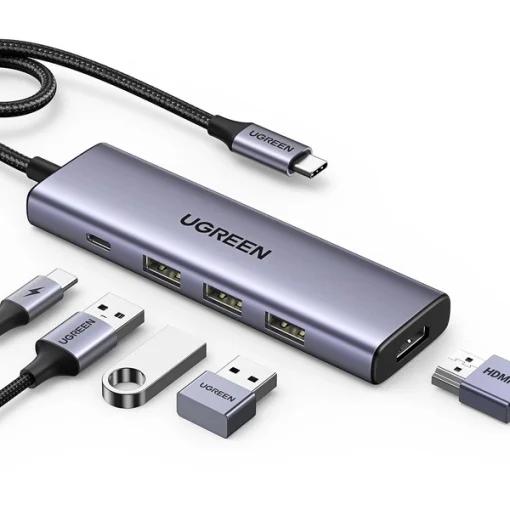 DOCKING Station Ugreen, "CM498" conec PC USB Type-C, USB 3.2 x 2|HDMI 4Kx1 la 60Hz|USB-C x 2 PD 100W, aluminiu, gri "45379" (timbru verde 0.8 lei) - 6941876243792